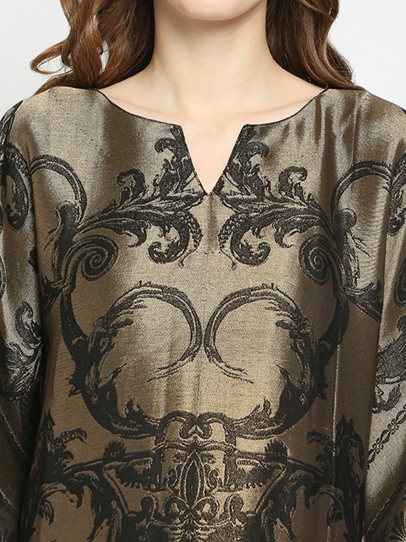 Black and Gold Metallic Brocade Motif Long Kaftan