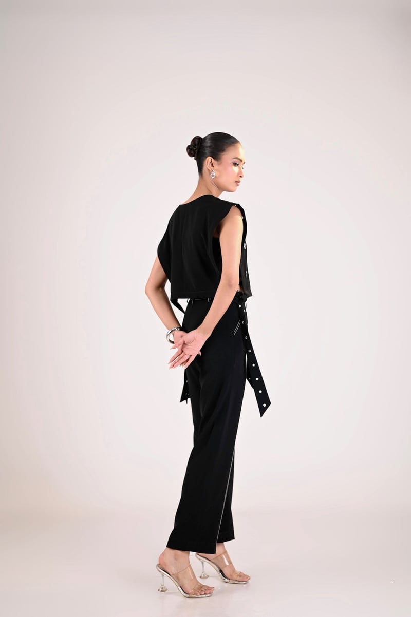 Black Denim Eyelet Bib Top with Side Tie-Ups