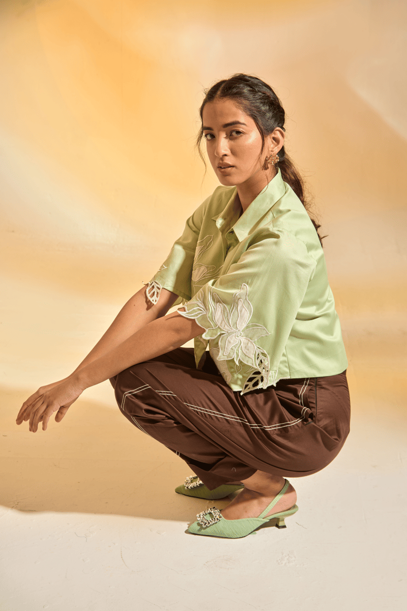 Green Cropped Cotton Satin Shirt with Embroidery and Cutwork