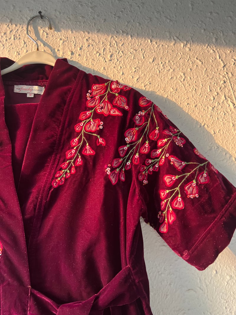 Maroon Velvet Floral Applique Wrap Kimono Top