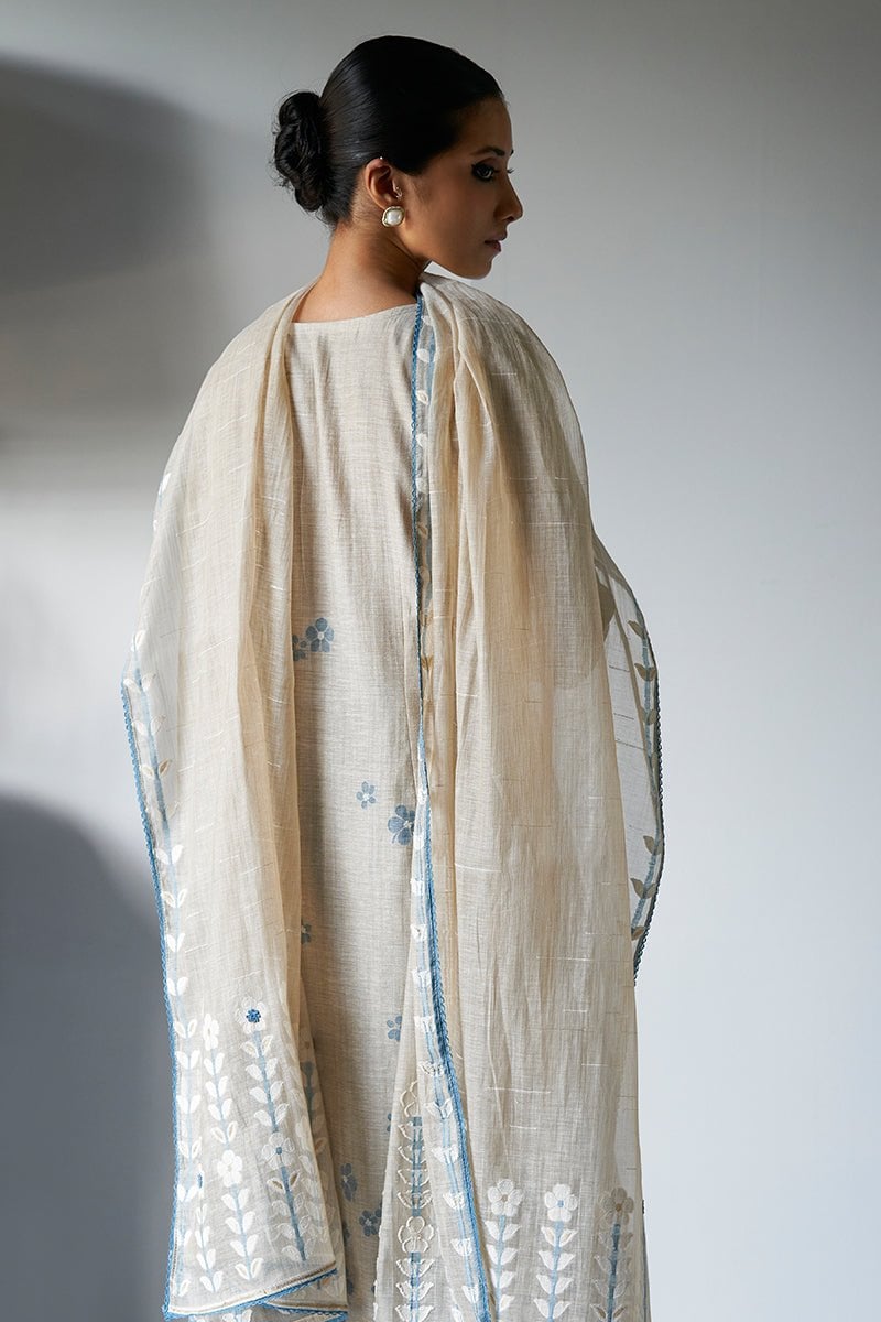 Beige and Light Blue Straight Kurta Suit Set with Dupatta