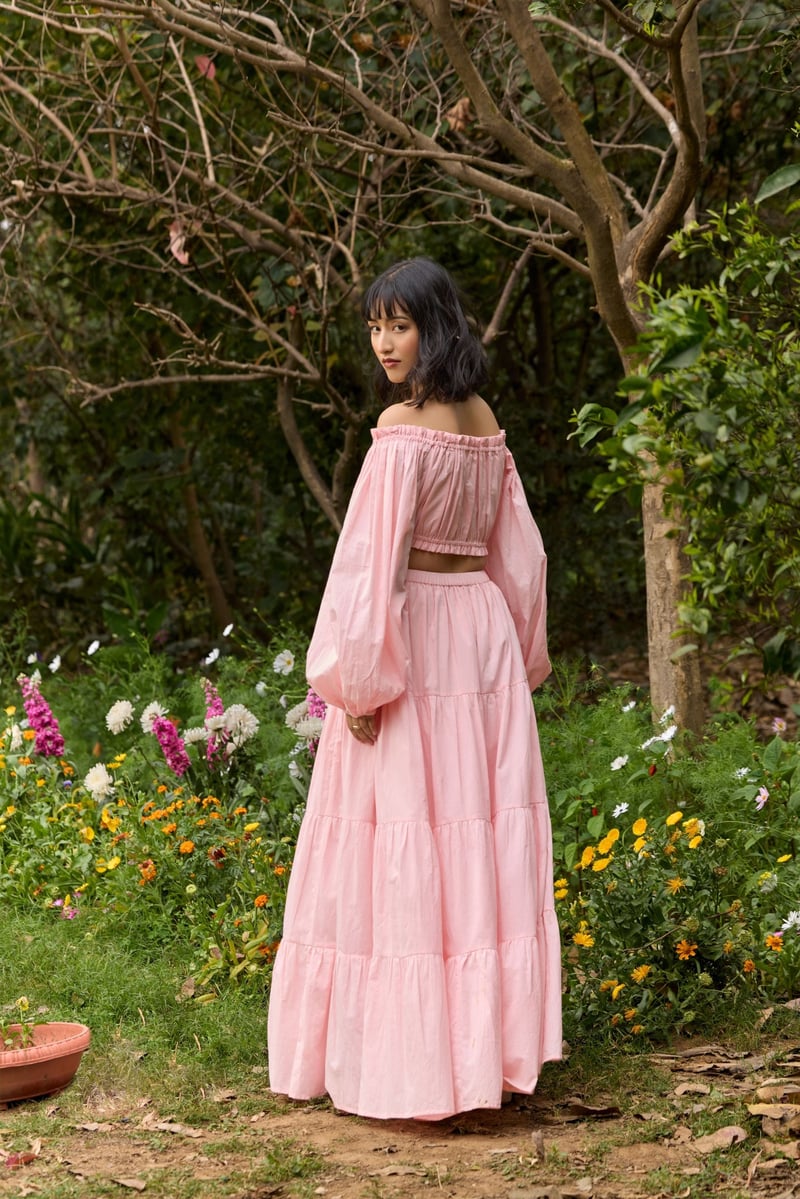 Pink Off-Shoulder Crop Top and Tiered Maxi Skirt Co-ord Set