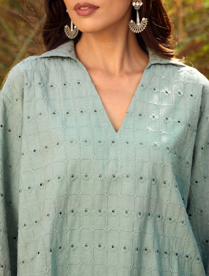 Light Blue Cotton Cutwork Co-ord Set with Wide-Leg Pants