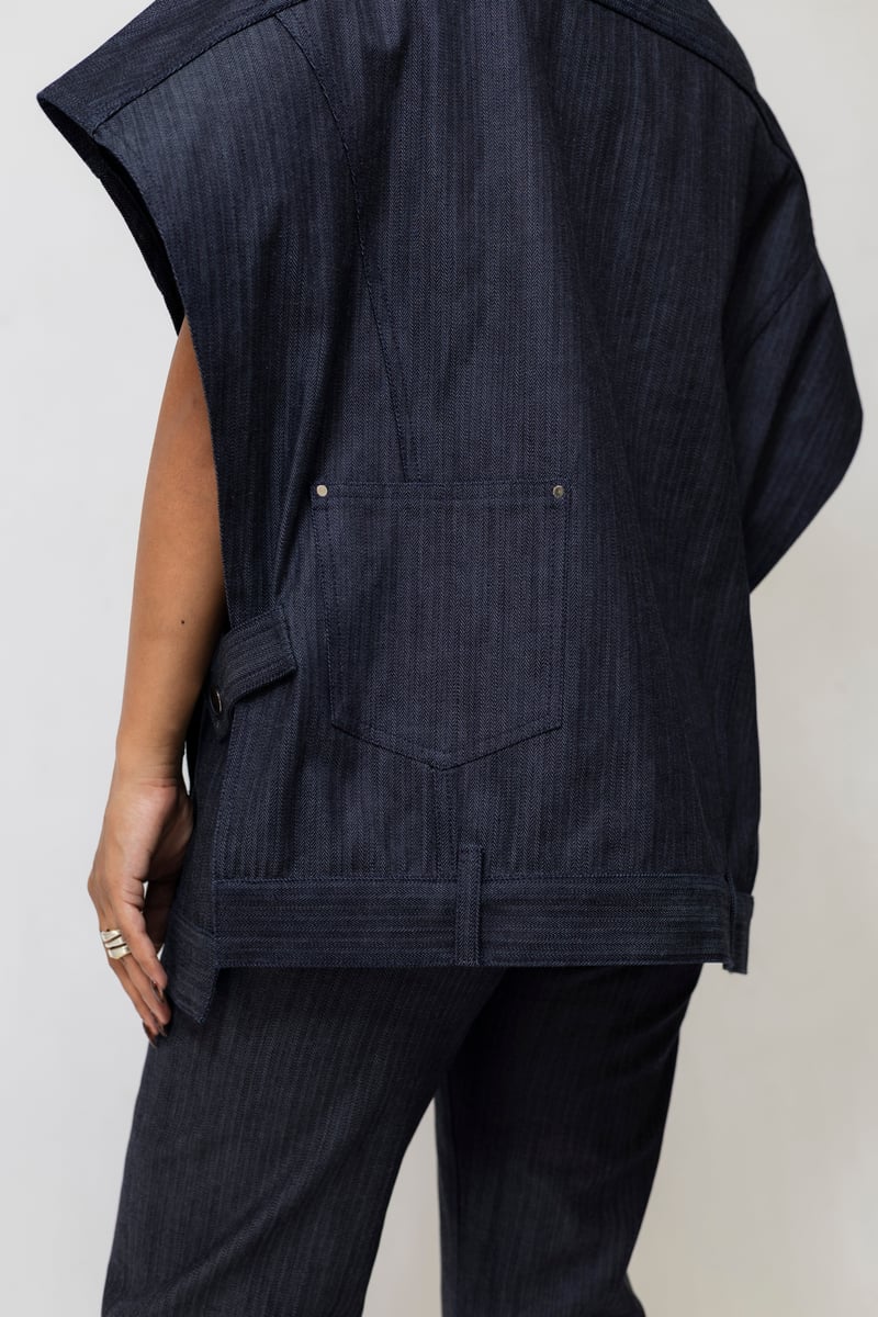 Navy Blue Oversized Herringbone Denim Utility Jacket