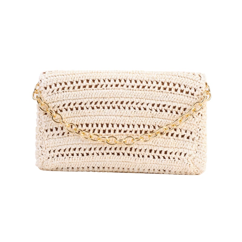Jena Off White Slim Raffia Clutch With Gold Emblem