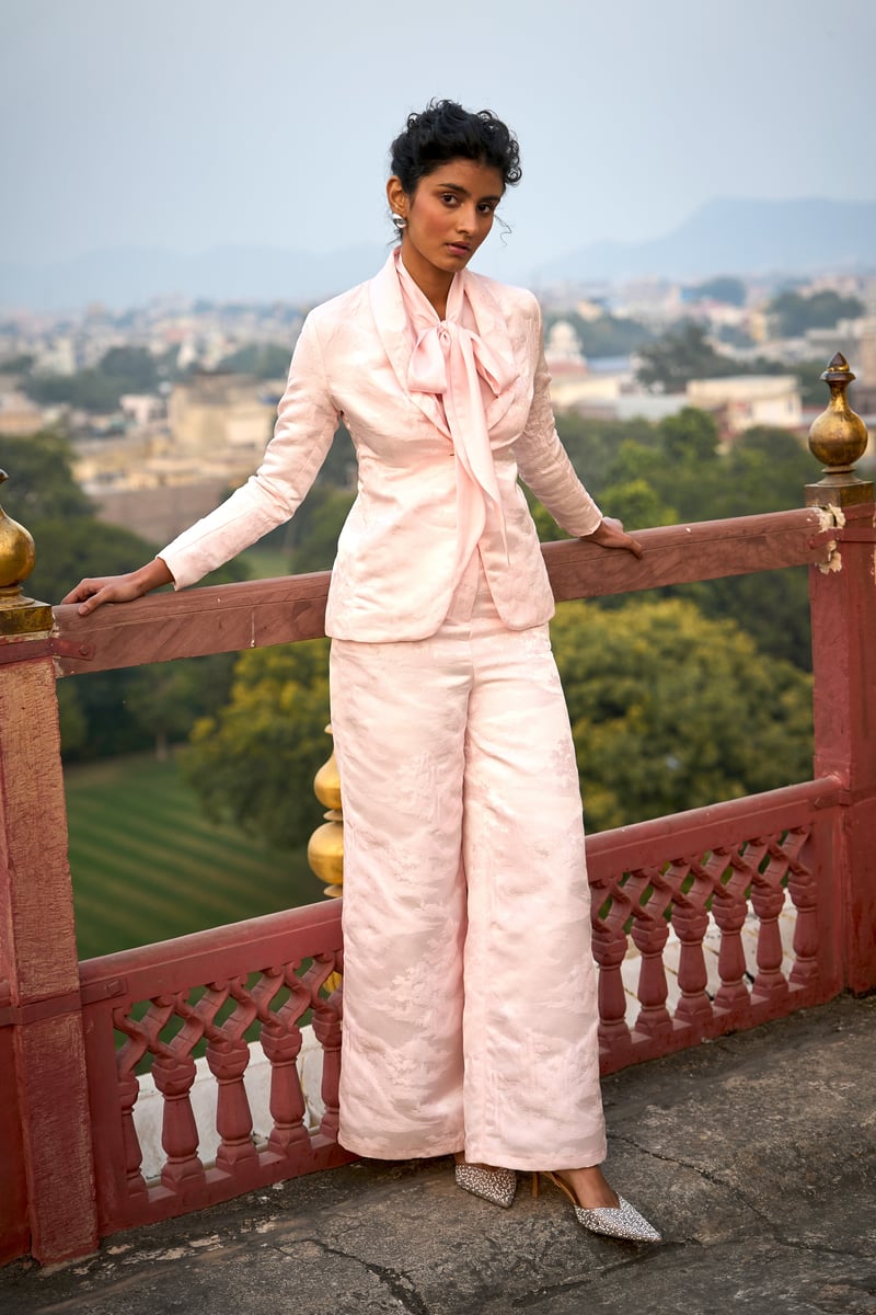 Powder Pink Brocade High-Waist Wide-Leg Trousers