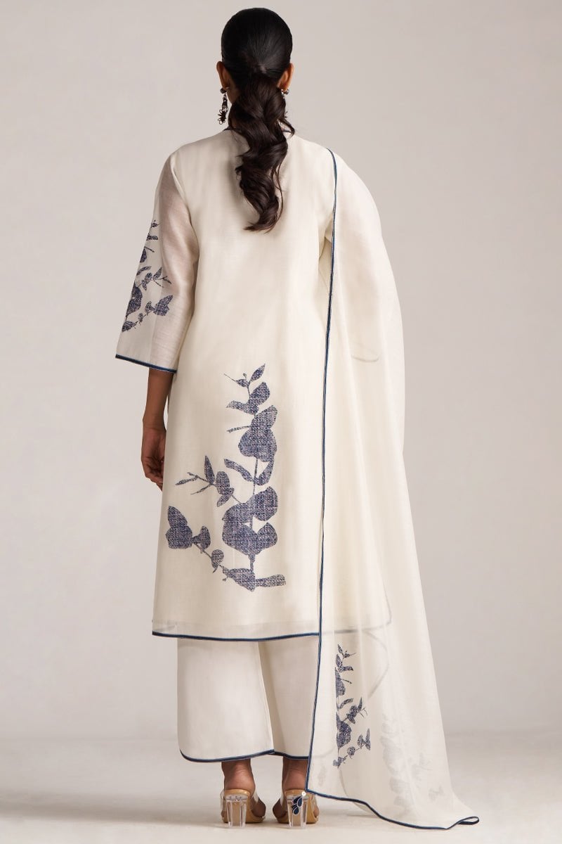 Ivory and Navy Printed Angrakha Chanderi Kurta Set