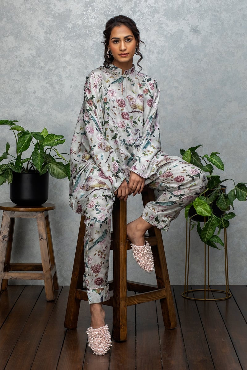 Grey/Multicolor Printed Silk Co-ord Set