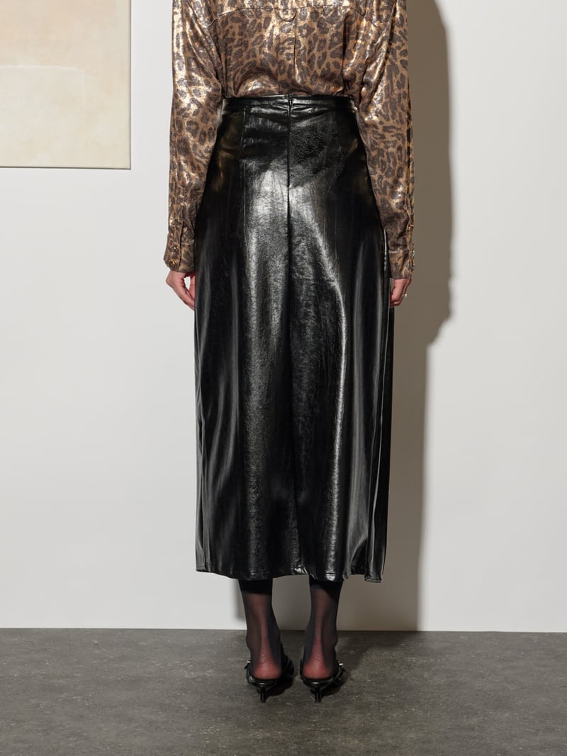 Coal Black Faux Leather Wrap-Tie Midi Skirt