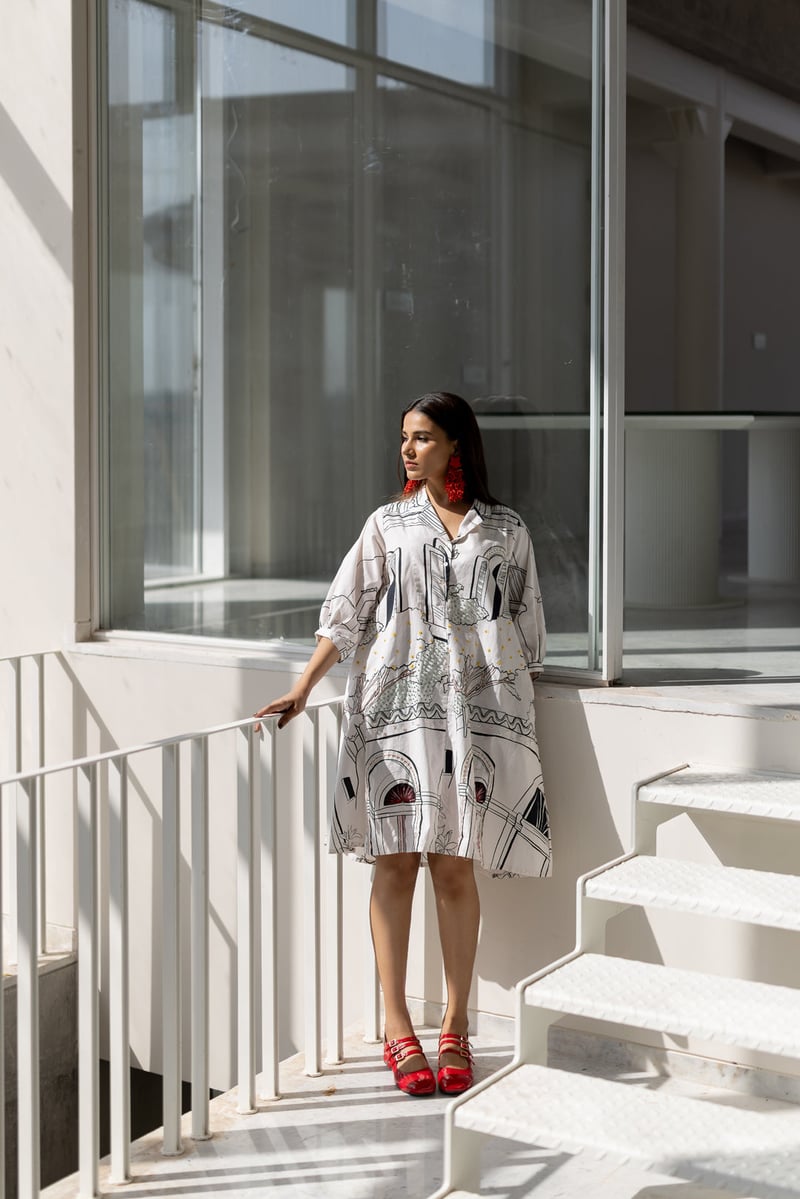 White Graphic Print Shirt Dress