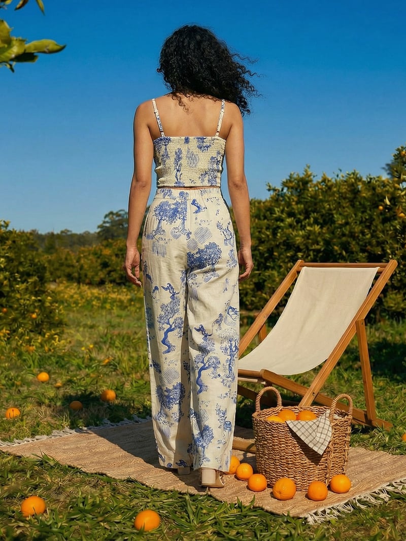 Ivory and Blue Printed Linen 3-Piece Co-ord Set
