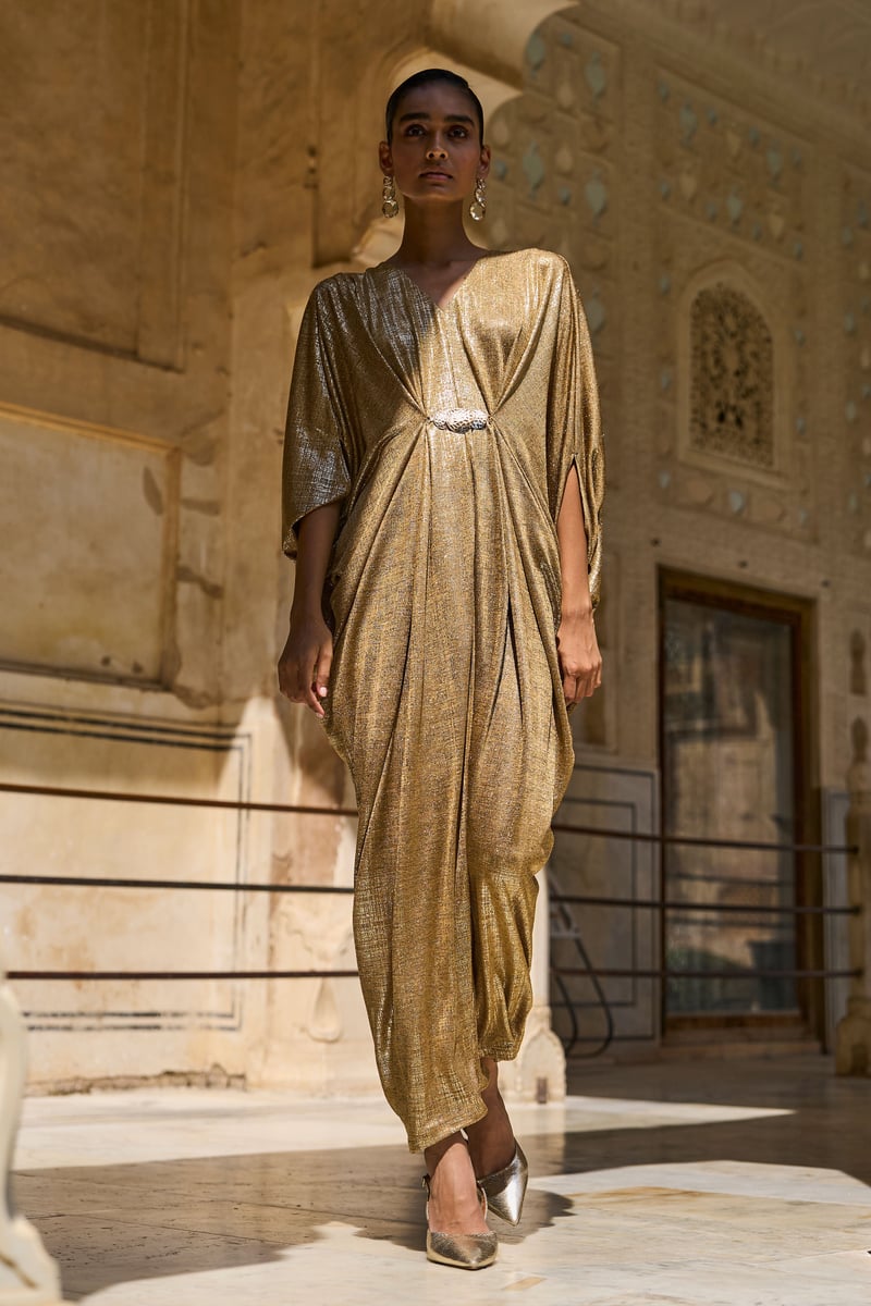 Gold Metallic Draped Maxi Kaftan with V-Neck