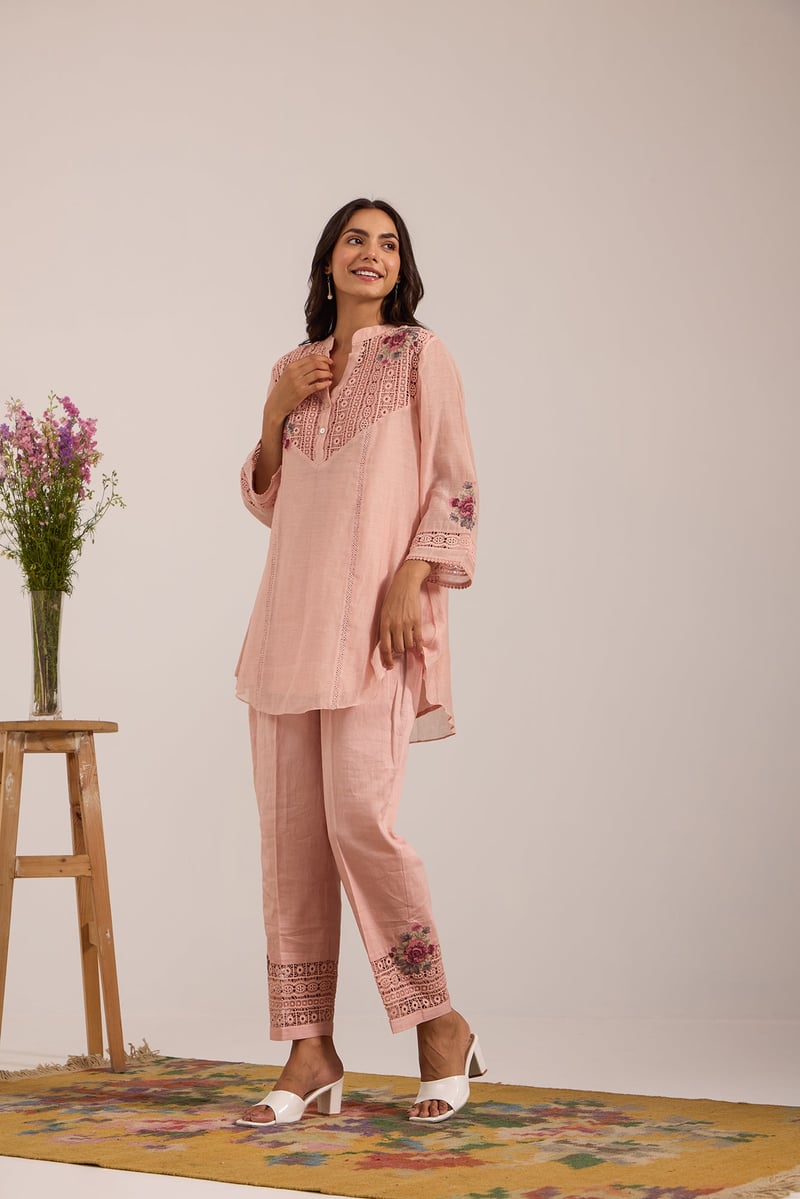 Pink Mul Chanderi Tunic and Straight Pant Co-ord Set