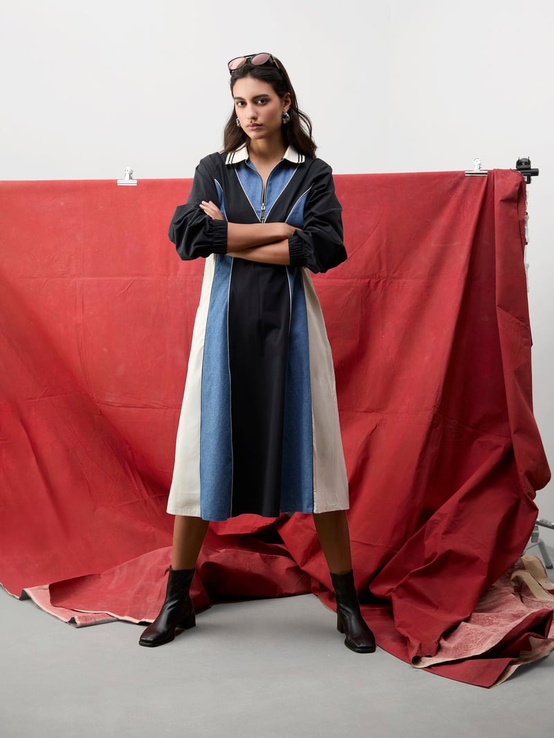 Black Colourblock Zip-Front Midi Dress