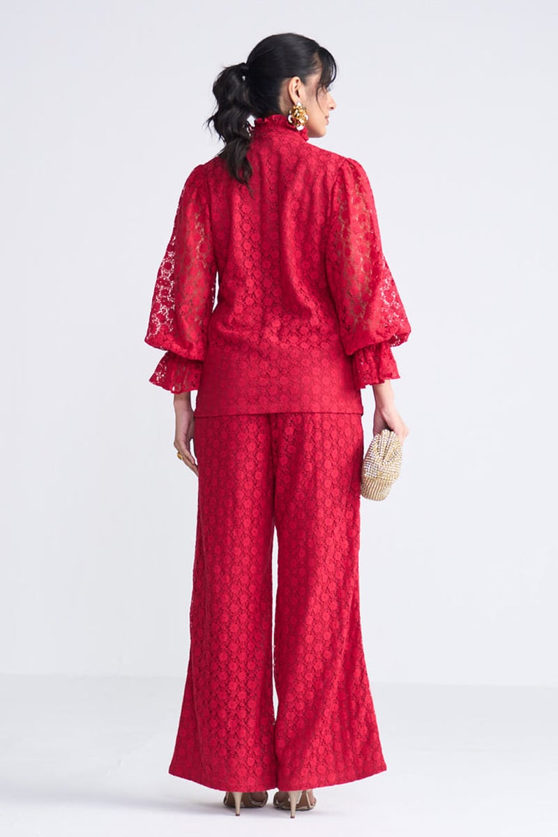 Red Lace Button-Front Co-ord Set with Flared Pants