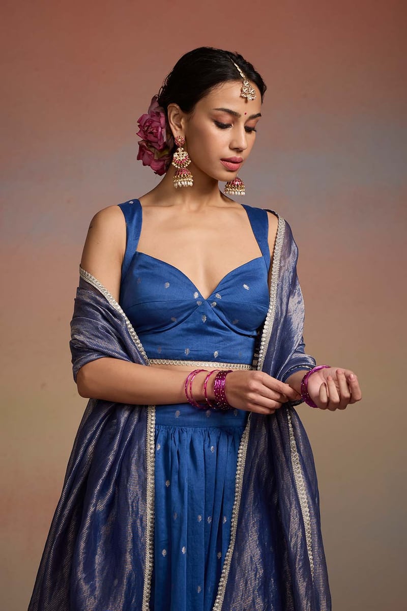 Ink Blue Banarasi Brocade Lehenga Set with Zari Dupatta