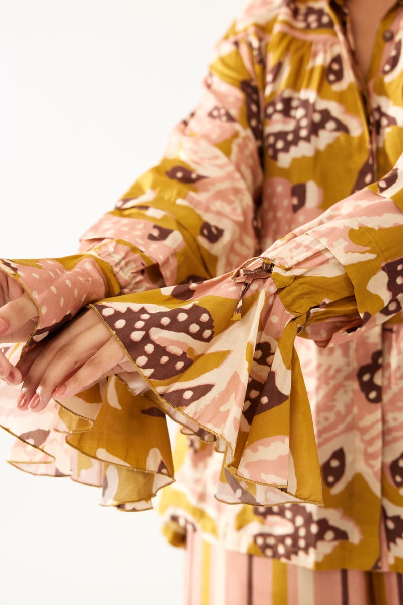 Mustard And Pink Floral Frill Collar Shirt