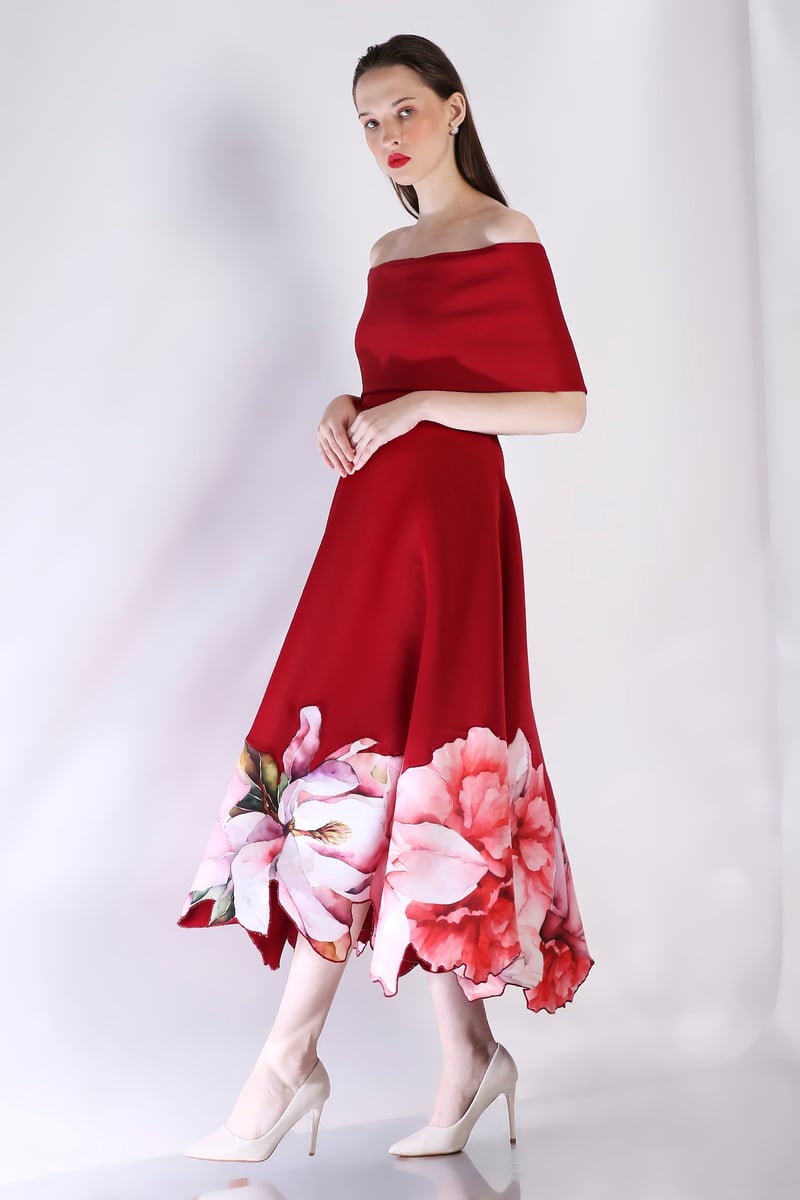 Deep Red Off-Shoulder Fit and Flare Midi Dress