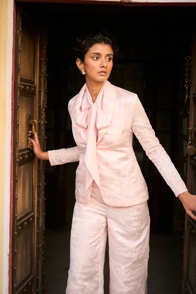 Powder Pink Modal Bow-Tie Neck Popover Blouse