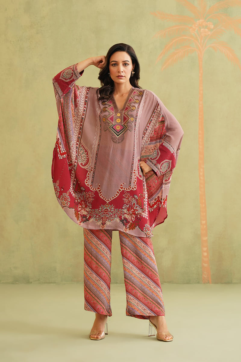 Multi Bemberg Crepe Printed Co-ord Set with Neck Embroidery