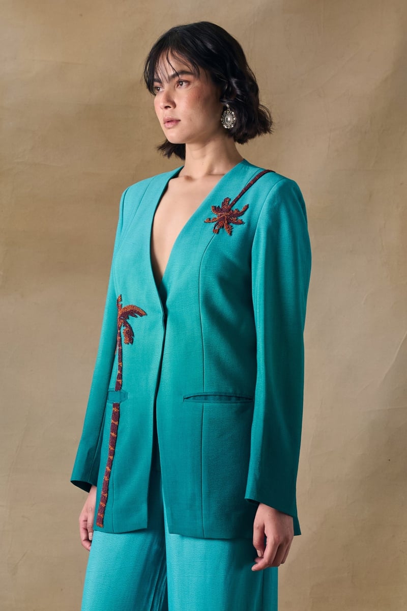Teal Green Ombre Tailored Blazer with Beadwork Detail