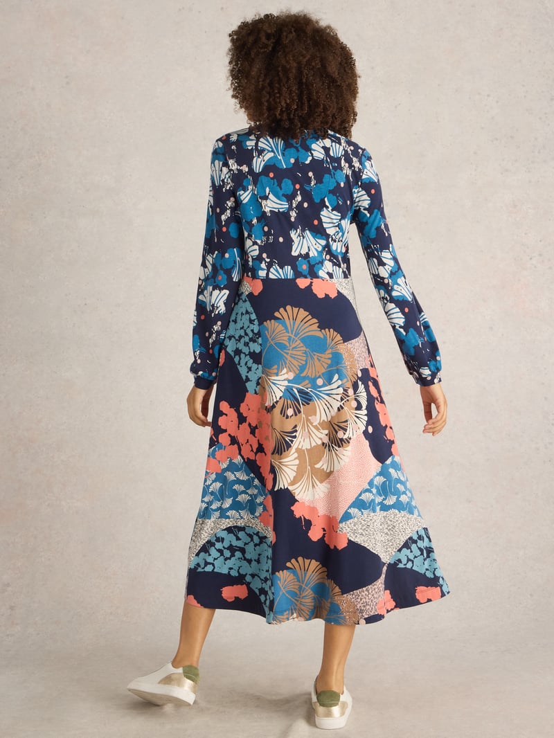 Navy Multi Printed Jersey Fit and Flare Midi Dress