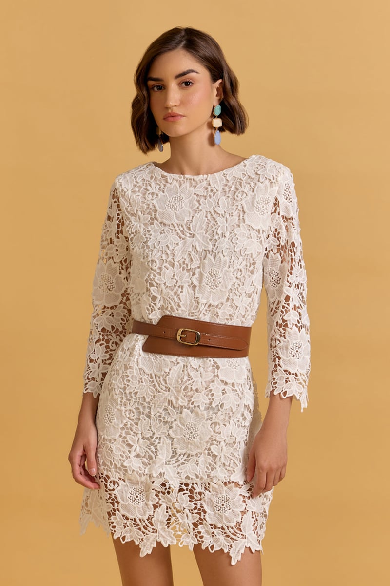 White Lace Boat Neck Mini Dress with 3/4 Sleeves