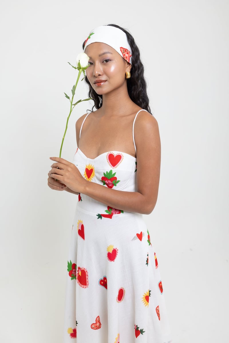 White Printed Fit and Flare Midi Dress with Sweetheart Neck