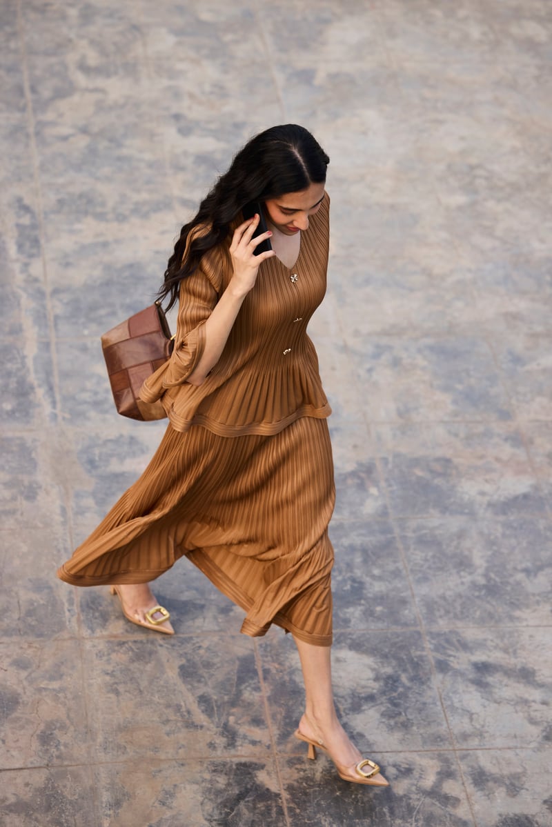 Mocha Pleated Top and Midi Skirt Co-ord Set