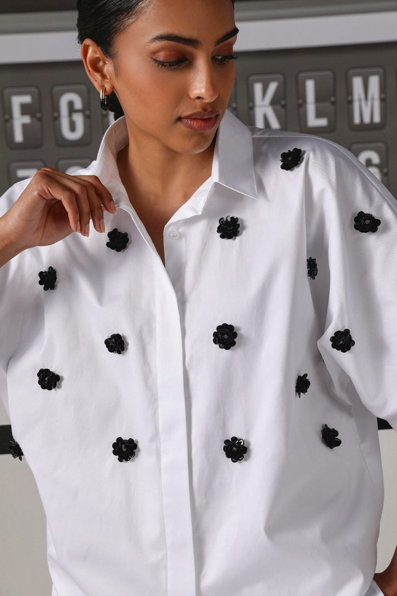 White Tencel Cotton Shirt with Black Floral Beadwork
