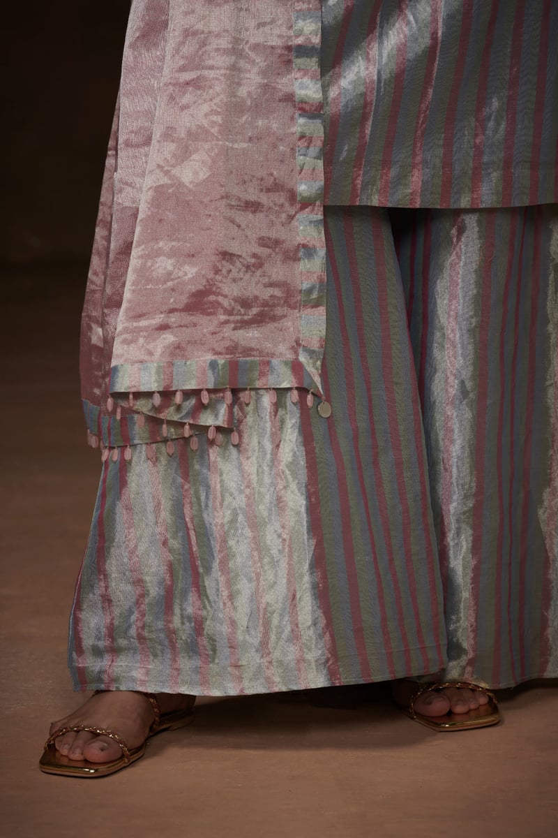 Multicolor Pastel Striped Tissue Kurta Set with Palazzo