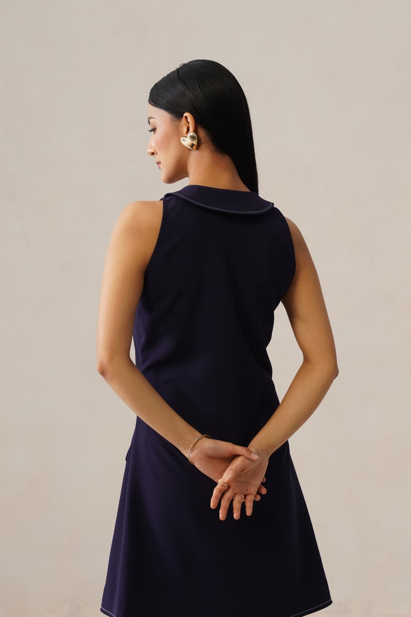 Dark Blue Sleeveless Collared Button-Front Mini Dress