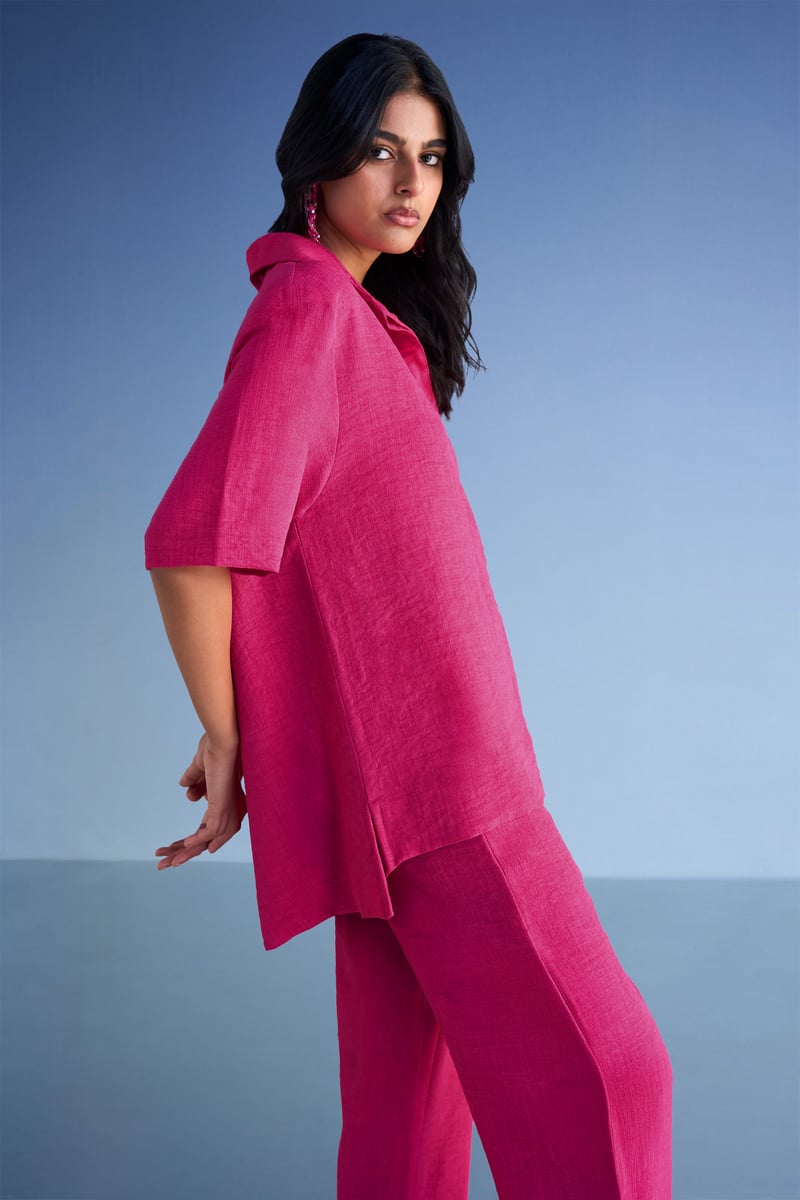 Fuchsia Straight Cut Linen-Blend Relaxed Trousers
