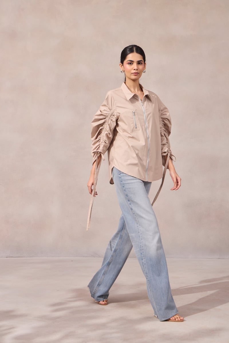 Lavender Zip-Front Shirt with Ruched Sleeves