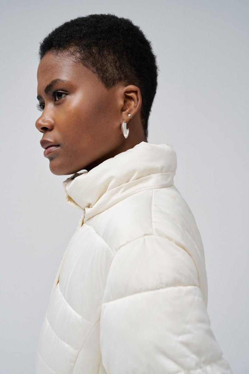 Light Beige Belted Hooded Puffer Coat with Faux Fur Trim