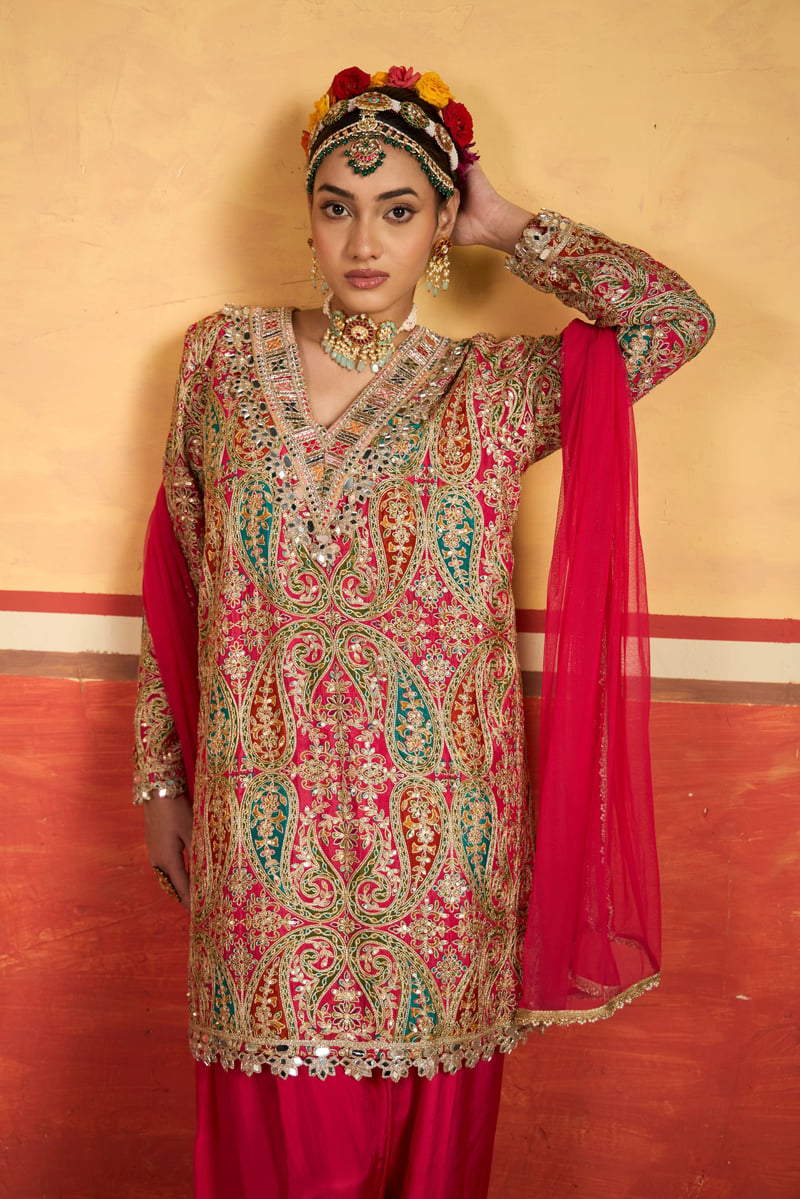 Pink Paisley Embroidered Kurta Set with Dupatta