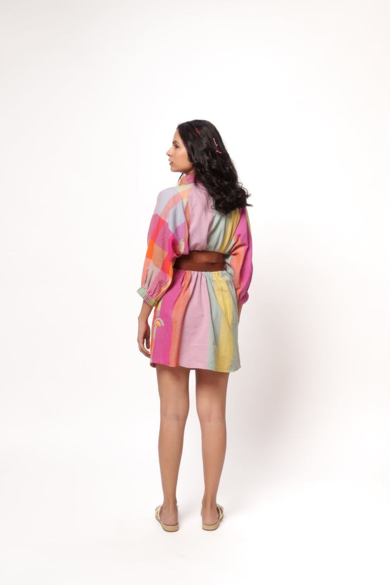 Multicolor Checked Mini Shirt Dress with Belt