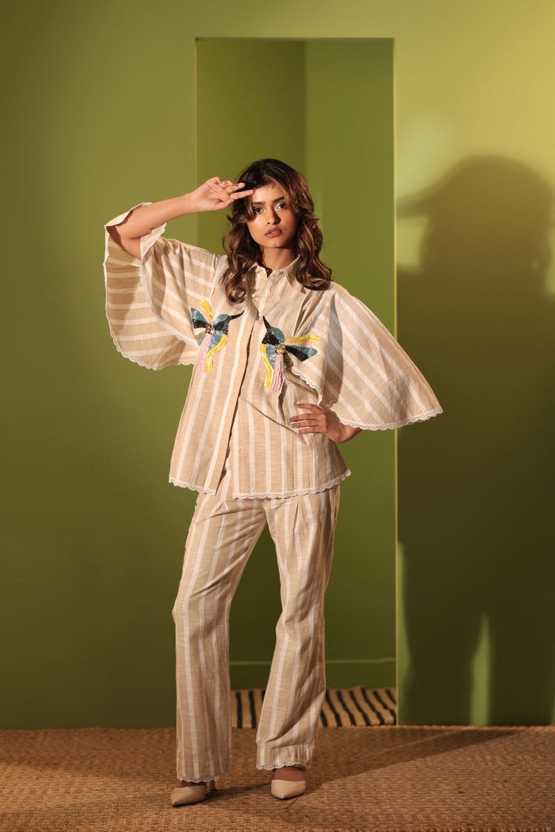 Beige and White Striped Cotton Straight-Leg Trousers