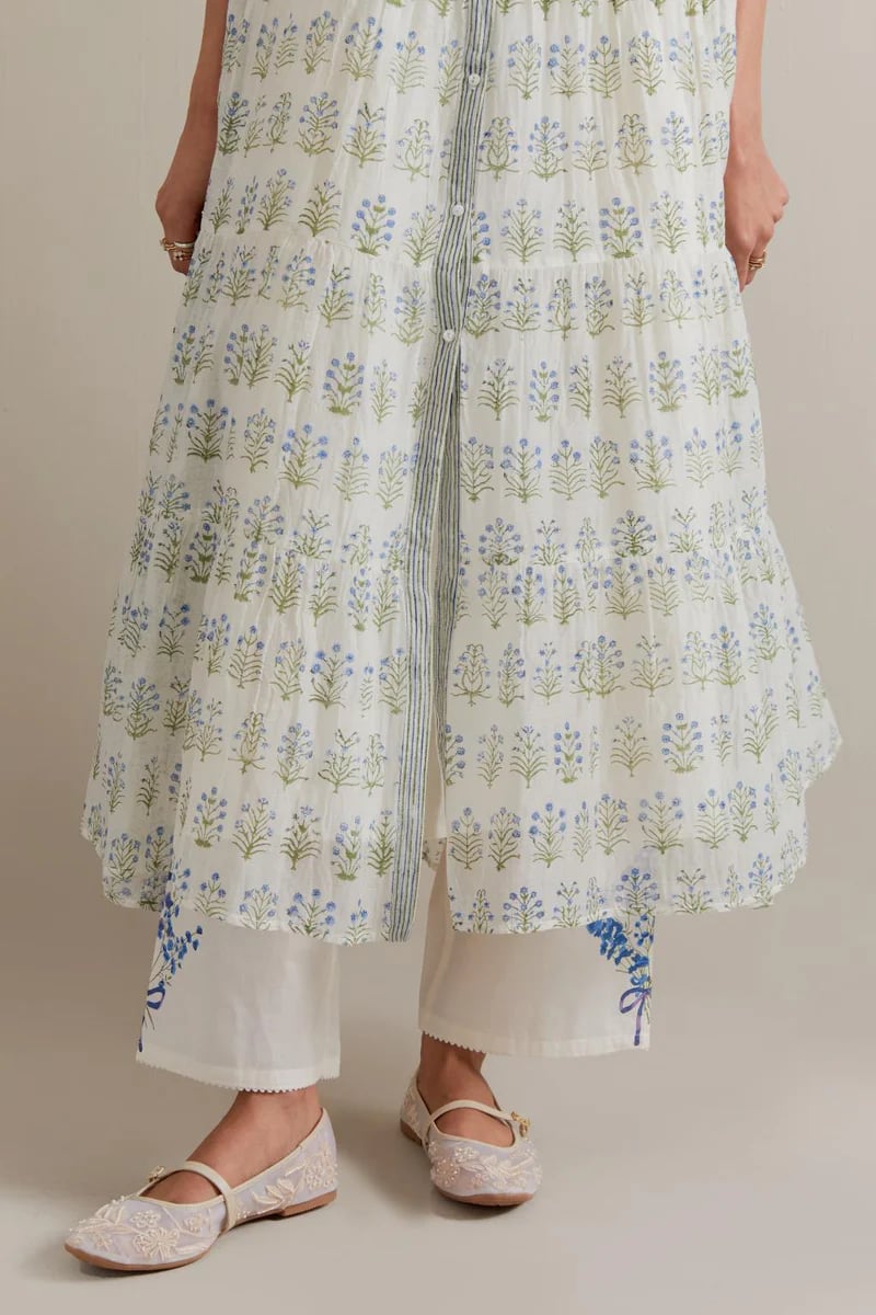 Blue/Green Floral Printed Tiered Kurta Set with Slip