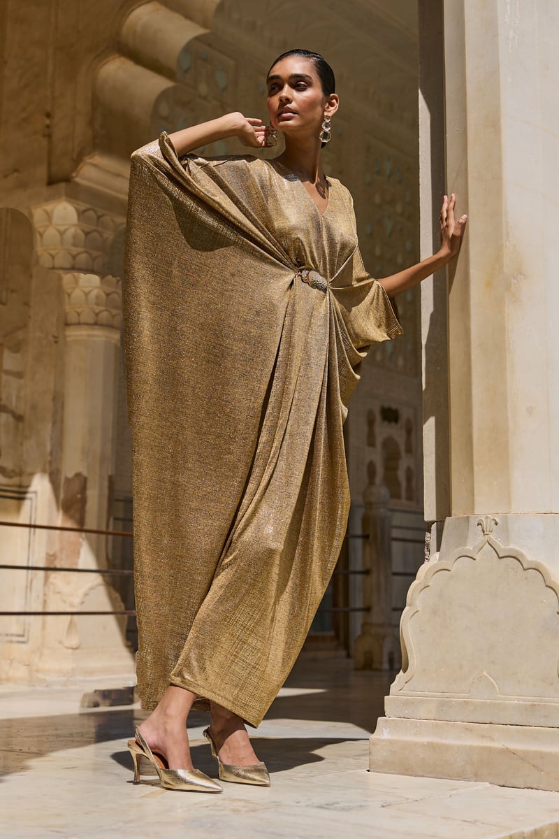 Gold Metallic Draped Maxi Kaftan with V-Neck