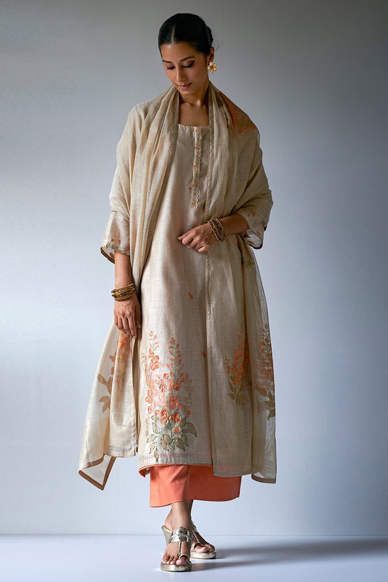 Beige and Saffron Embroidered Kurta Suit Set with Dupatta