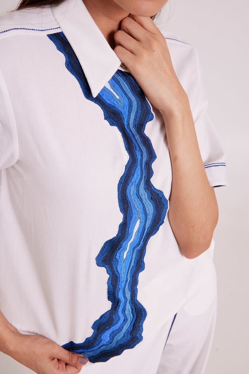 Ivory Shirt and Wide-Leg Pants Co-ord Set with Blue Appliqué