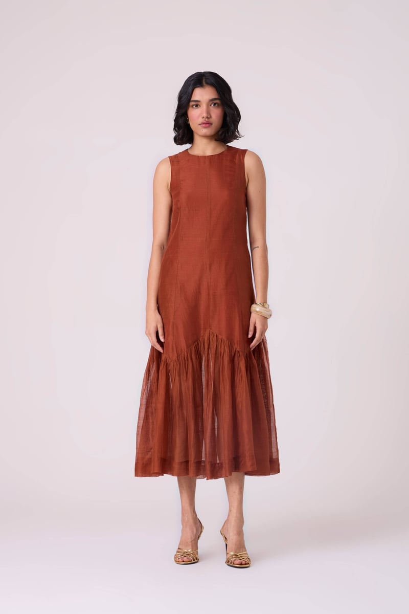 Copper Sleeveless A-Line Tiered Midi Dress