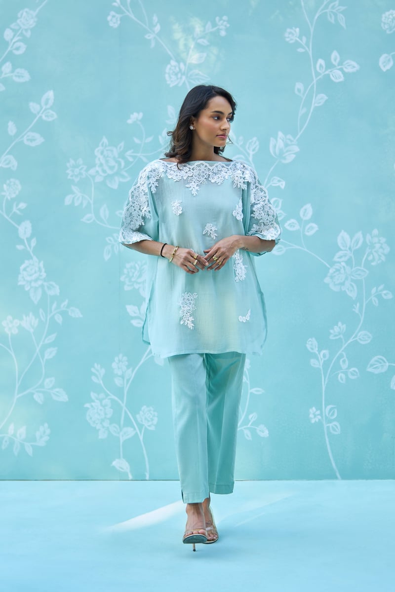 Mint Green Lace-Detail Tunic and Pants Co-ord Set