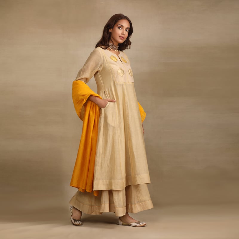 Beige Yellow Silk Chanderi Anarkali Kurta Set