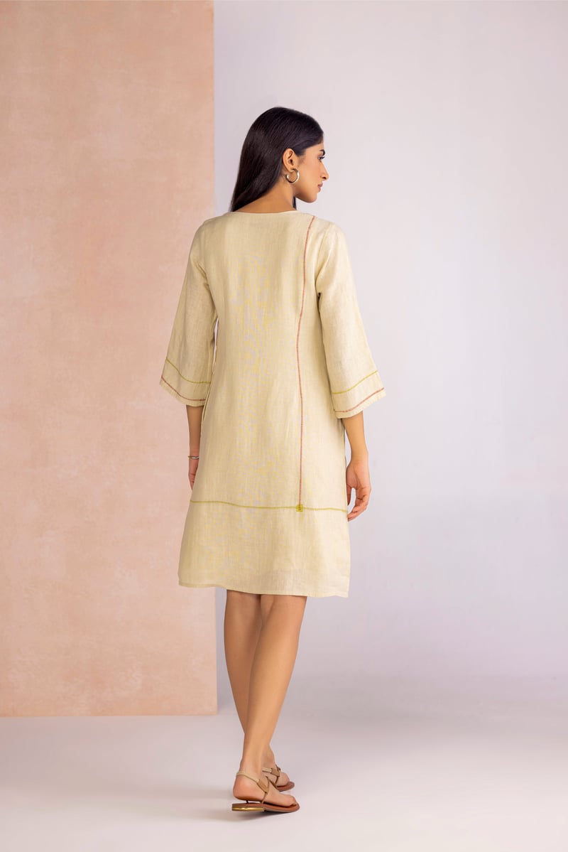 Off White Linen-Blend Printed Shift Knee-Length Dress