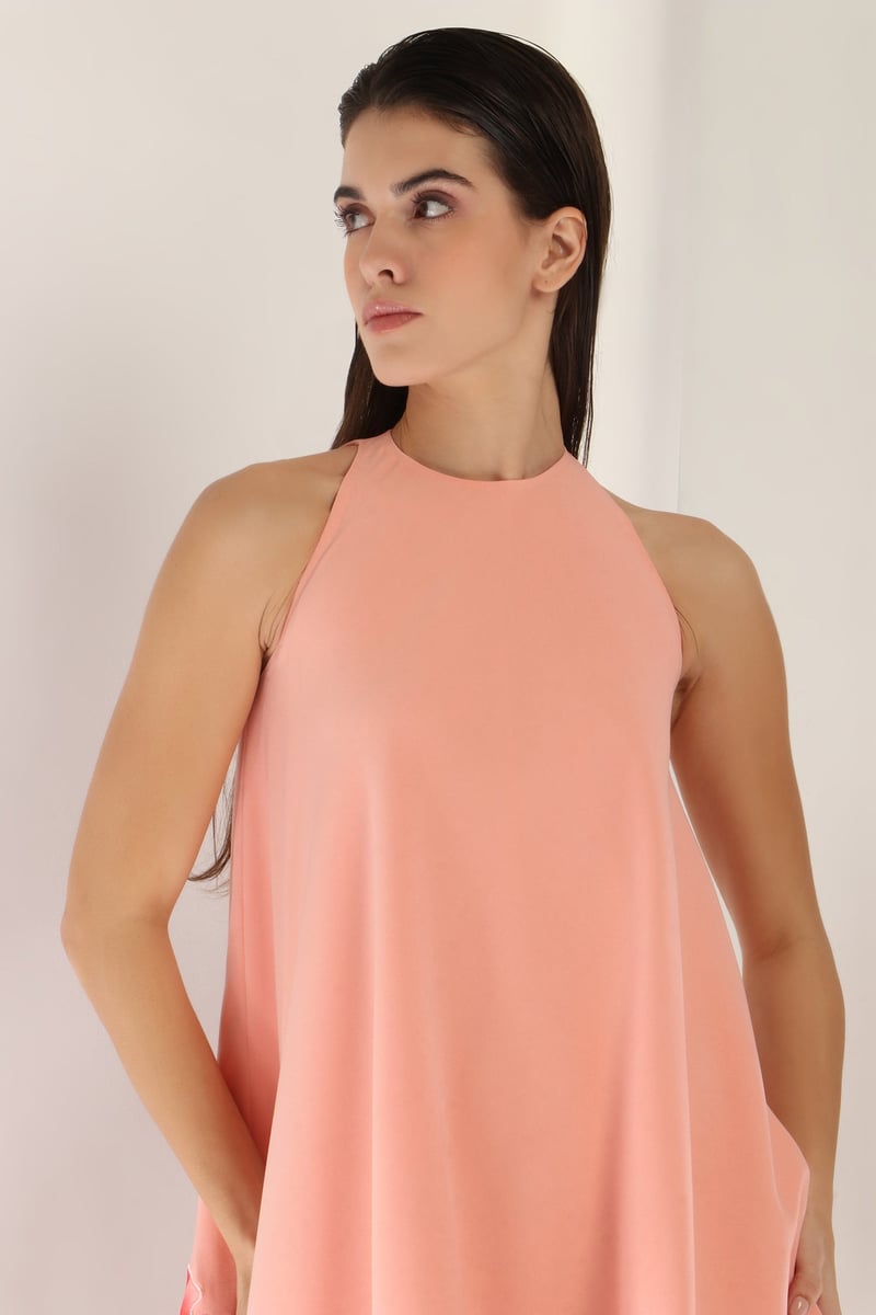 Peach High-Neck A-Line Mini Dress with Floral Hem