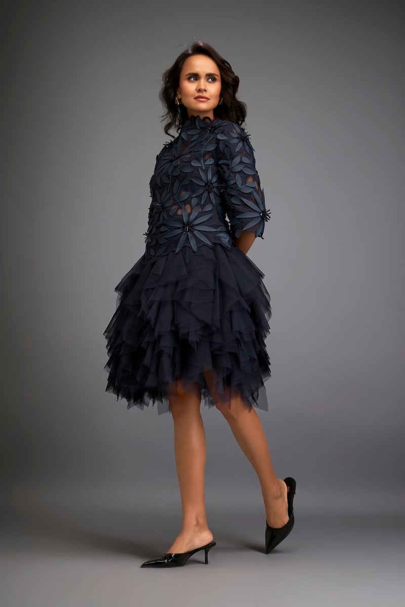 Navy Blue Floral Applique Fit and Flare Knee-Length Dress