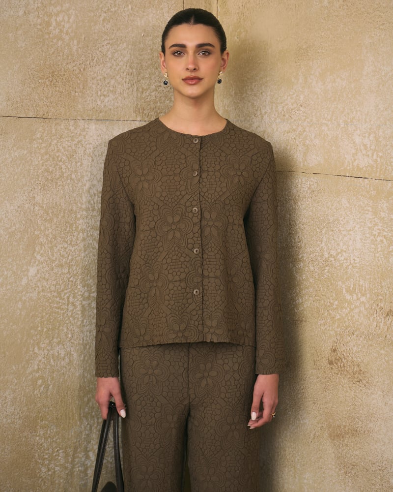 Brown Textured Jacket and Wide-Leg Pants Co-ord Set