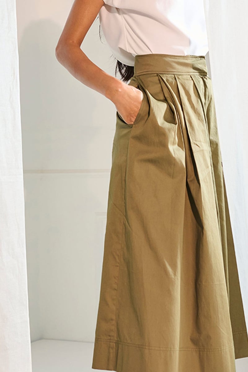 Olive Green High-Rise Pleated Culotte Skirt Pants